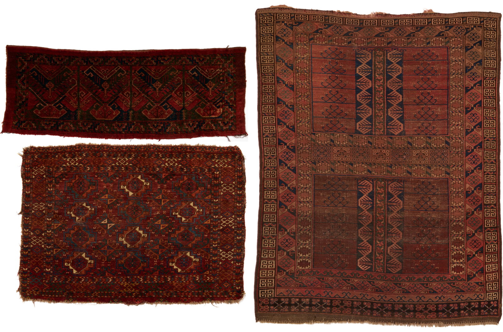3 Antique Turkman Weavings: Ersari Ensi, Chuval, & Torba: 1st item: Antique Ersari Chuval Turkestan rug, wool on wool, with stylized geometric designs. Woven in red, blue, and cream colors. 4 ft. 3 in. x 3 ft., circa 1870s. 2nd item: Antique Ersari Turkmen E