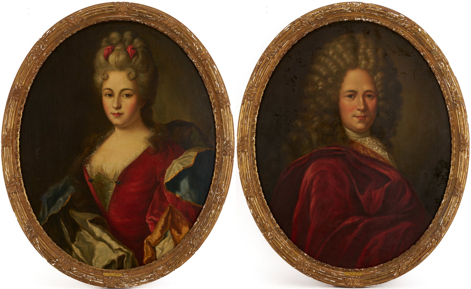 2 O/C French Portraits After Nicolas de Largilliere incl. Mme. Bazin: After Nicolas de Largilliere (French, 1656-1746), two oil on canvas bust-length three-quarters pose oval portraits. 1st item: portrait of a woman with a red ribbon in her hair, red bodice, and blue ma