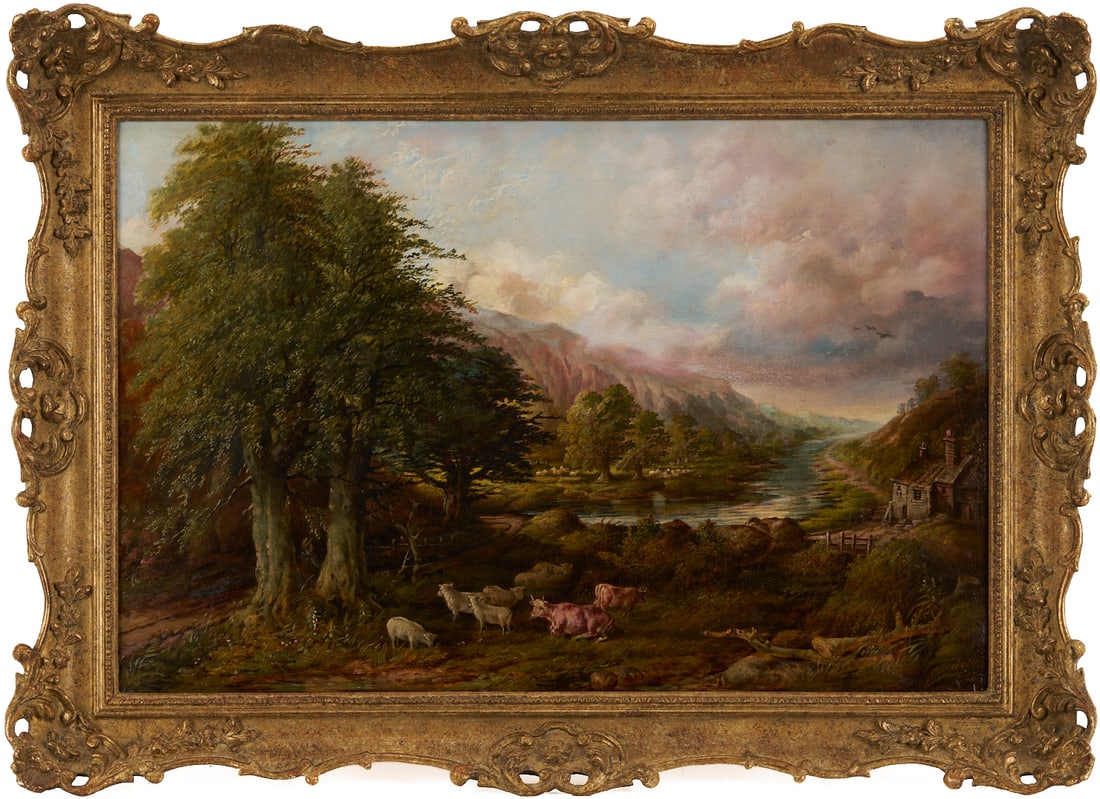 Harry Pelling Gill O/C Australian Landscape Painting, The Coming Shower: Harry Pelling Gill (England/Australia, 1855-1916) oil on canvas landscape painting entitled "The Coming Shower." Cattle and sheep huddle beneath a group of trees as storm clouds gather&