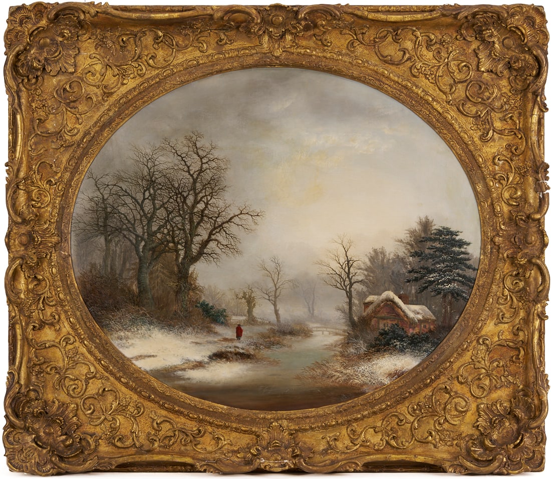 19th/Early 20th C. British Winter Landscape, Manner of Thomas Smythe or Charles Leaver: Oil on canvas oval British landscape painting, manner of Thomas Smythe (British, 1824-1888) or Charles Leaver (British, 1825-1906). A figure in a red coat stands in a snowy winter landscape. A st