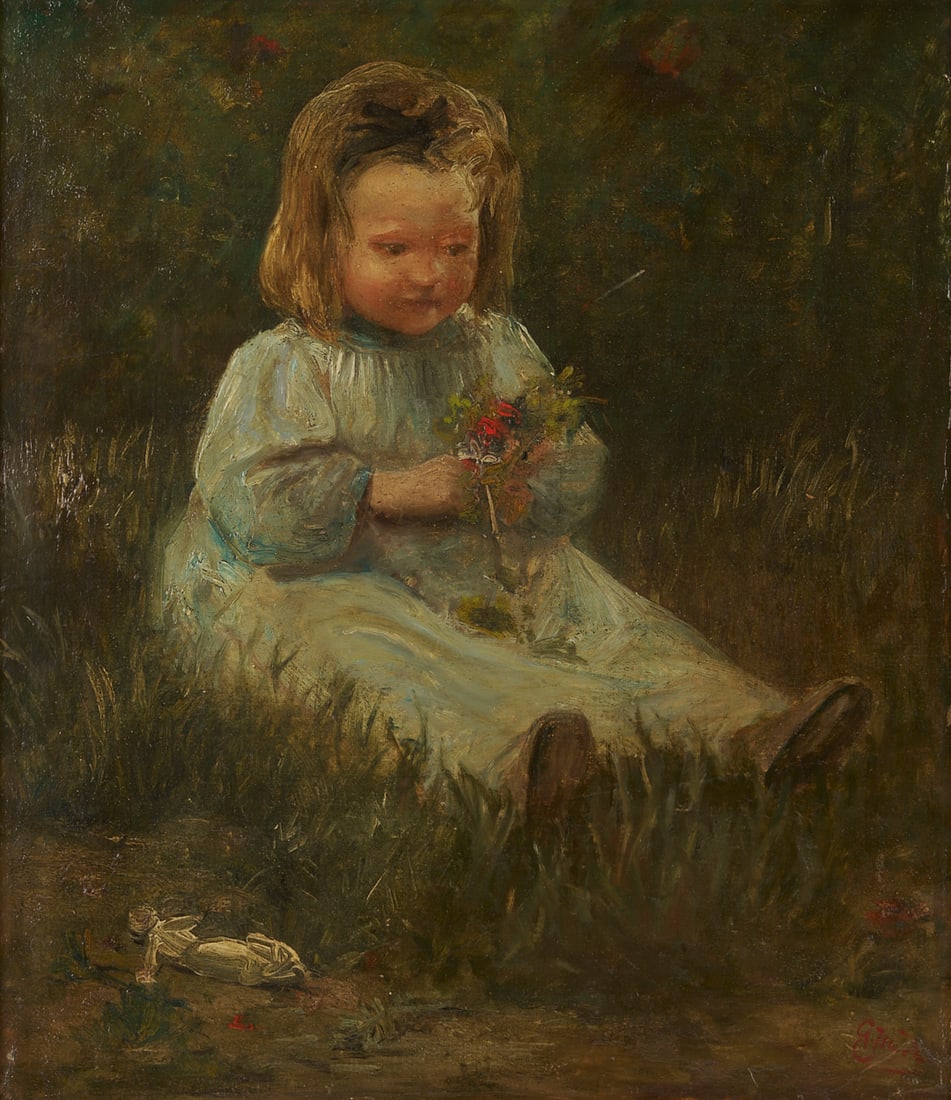 Gustave Adolphe Jundt O/C Painting of an Alsatian Girl: Gustave Adolphe Jundt (France, 1830-1884), oil on canvas laid on board, Impressionist painting entitled "Heure es moeurs alsaciennes" (Time for Alsatian customs) that depicts a you