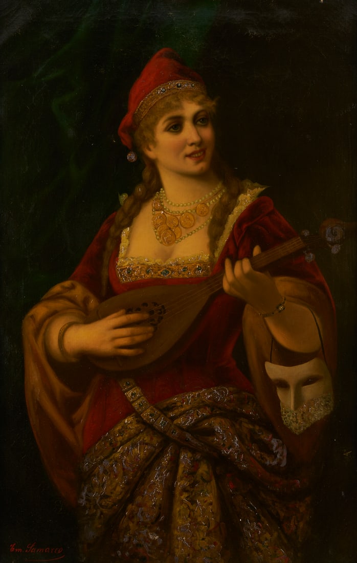 Em Samarco O/C Painting of a Romani Musician: Em Samarco (Italian, fl. late 19th/early 20th c.), oil on canvas painting of a Roma woman who plays a lute-guitar. A mask hangs from her left arm, and she wears a gold coin necklace as she smiles and 