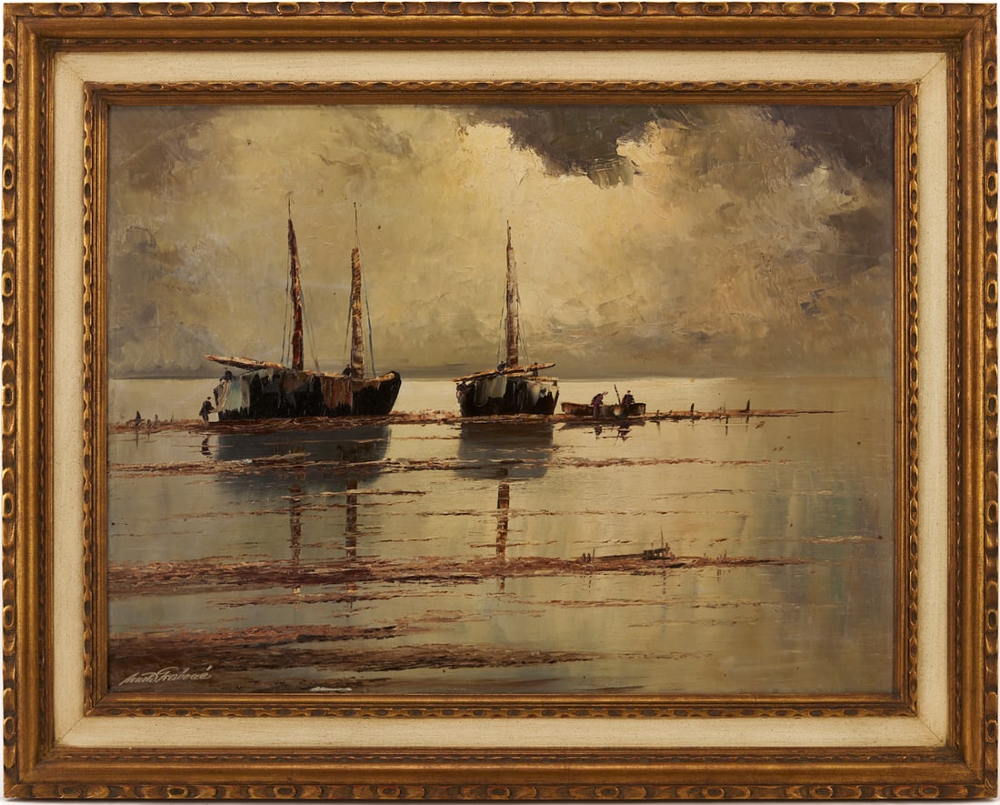 Georg Arnold Grabone O/C Maritime Scene Painting: Georg Arnold-Grabone (German, 1896-1982) oil on canvas seascape painting with two ships and a rowboat that rest in shallow coastal waters, all rendered in the artist’s characteristic t