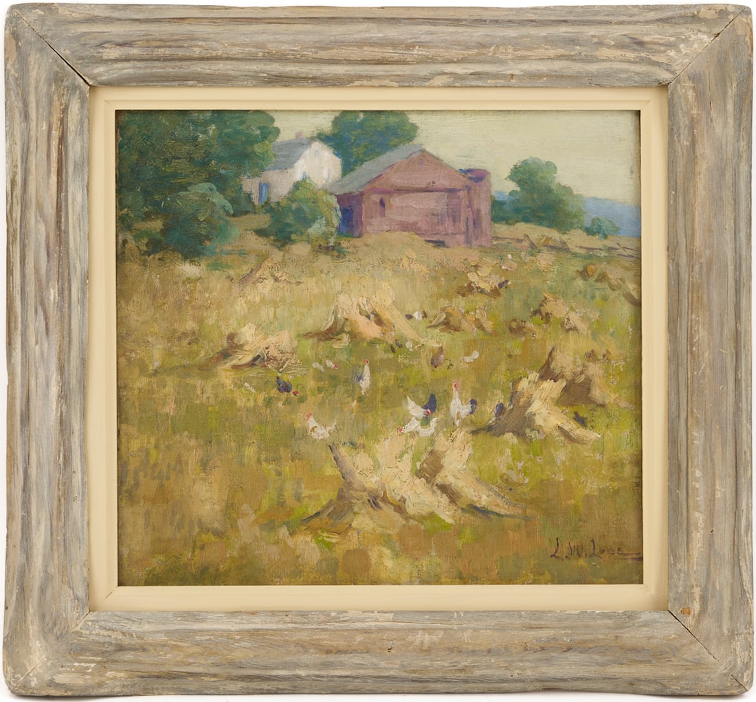 Laura Wilson Luce O/C Farm Landscape with Chickens: Laura Wilson Luce (American/Pennsylvania, 1845-1942) oil on canvas impressionist landscape painting. Chickens peck for food behind a barn on a sunny day, while a white house beyond is shaded