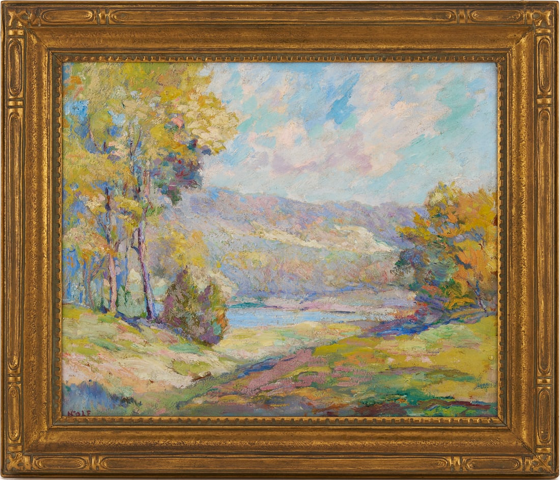 John Thomas Nolf O/B Midwestern Landscape: John Thomas Nolf (Illinois, 1872-1950) oil on board American regionalist landscape painting depicting a river flowing amid hills and groves of trees with colorful Autumn leaves, under a partly cloudy 