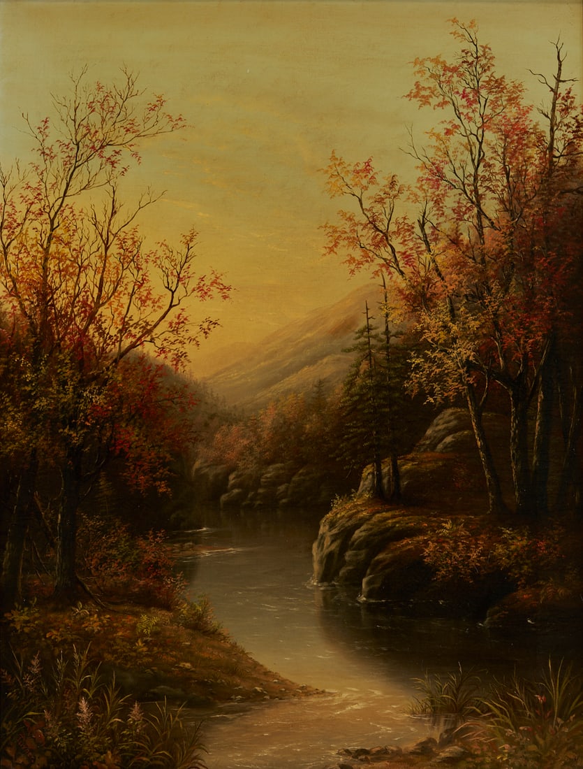 Oil on Canvas Autumn Landscape, signed Turner, poss. Southern: Late 19th century oil on canvas autumn landscape depicting a river flowing through a wooded ravine. Signed "Turner" in red, lower left corner. Period, likely original Aesthetic Movement