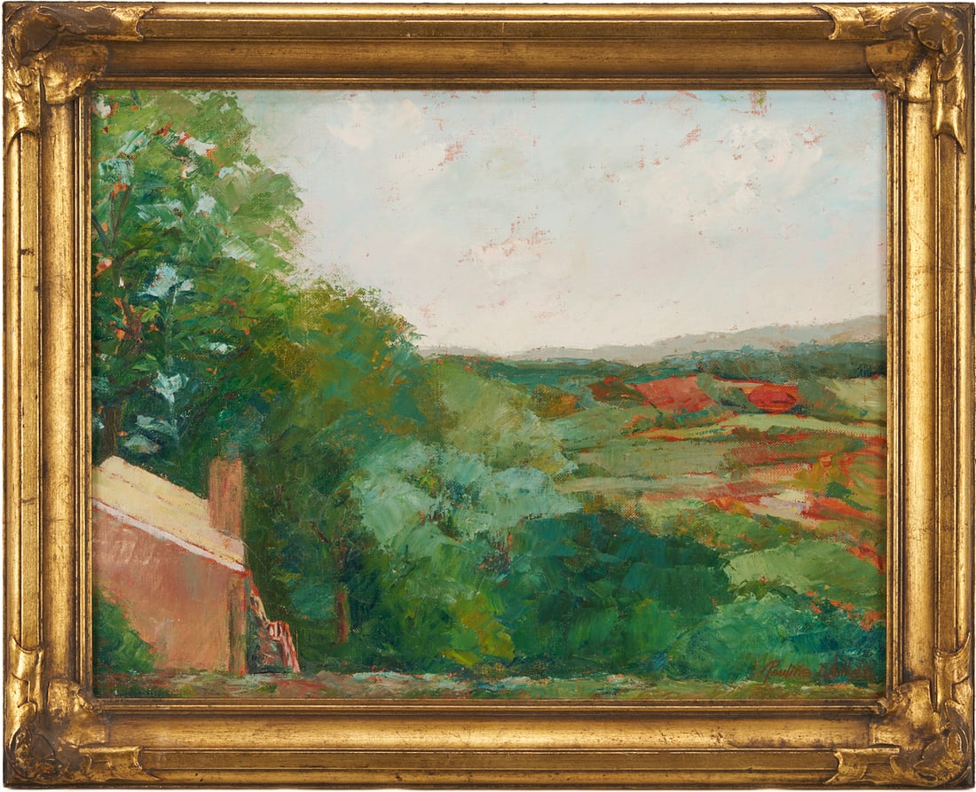 Pauline Wallen O/C East Tennessee Impressionist Landscape Painting: Pauline “Polly” Wallen (Tennessee, 1922-2010) oil on canvas landscape with a small building at lower left and an expansive valley that leads toward a distant mountain range, likely the Smo