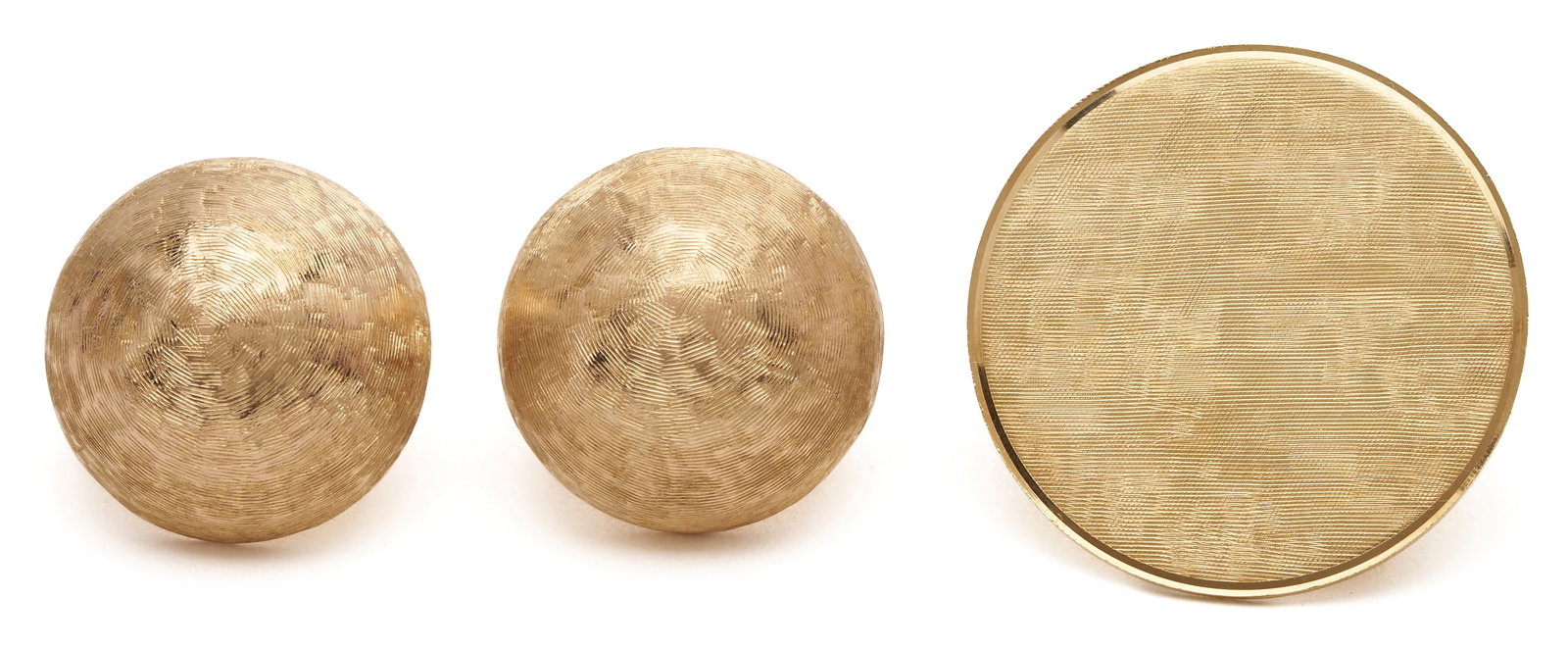 Pr. 14K Brushed Gold Button Earrings & 14K Brushed Gold Round Brooch: 1st item: Pair of 14K brushed yellow gold button clip-on earrings, marked 14K and XRF tests 14K. 16.25mm. 2nd item: 14K brushed yellow brooch, marked BAB 14K and XRF tests 14K. 13.41 total grams. Addi