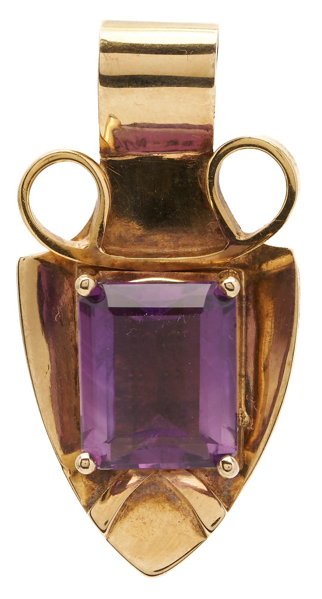 Ladies' 14K Gold & Amethyst Pendant: Ladies’ 14K yellow gold amethyst pendant featuring a 7.38-carat emerald-cut (step-cut) amethyst. Marked “14K” and XRF tested as 14K gold. Measuring approximately 1 3/4 inches in leng