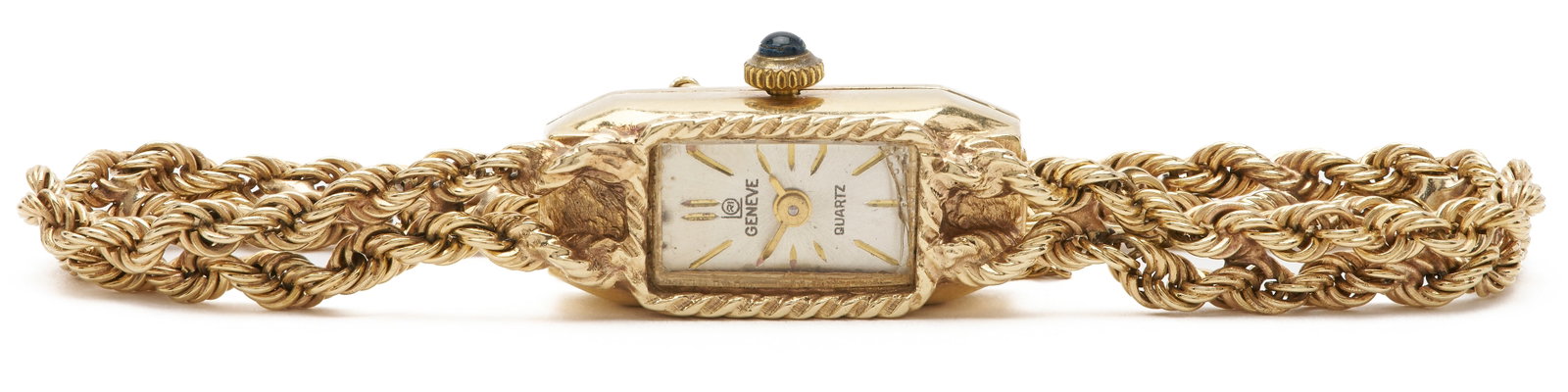 14K Gold Geneve Quartz Watch w/ 14K Gold Band: Ladies' vintage Geneva watch featuring a 14K yellow gold rectangular case and a 14K yellow gold rope bracelet. The case and bracelet are both marked 14K. Approximately 6 1/2 in. inner circumferenc