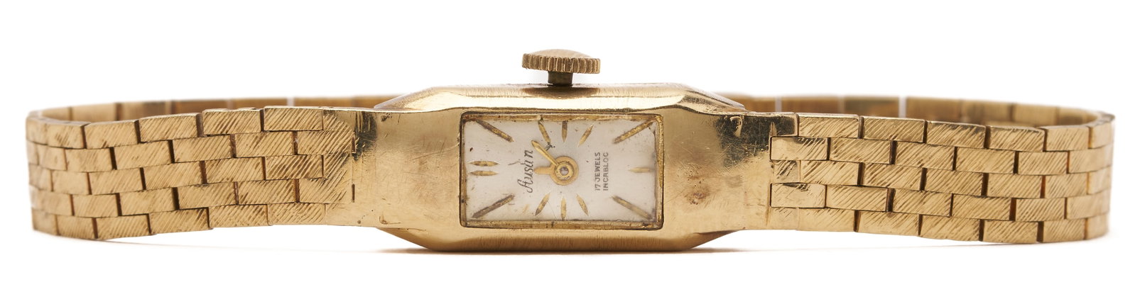 10K Gold Ausan 17 Jewel Ladies Wrist Watch: Ladies' vintage Ausan mechanical watch featuring a 10K yellow gold rectangular case and a 10K yellow gold mesh link bracelet. The case and bracelet are both marked 10K. Approximately 6 3/4 in. tot