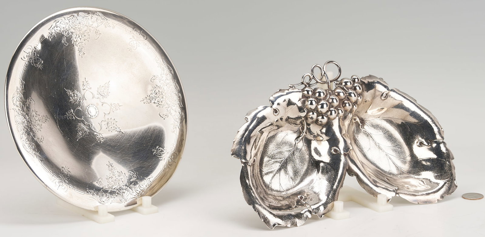 2 Sterling Dishes: Grapeleaf Double Bowl plus Towle Cake Plate: 1st item: Towle sterling silver circular footed cake plate with engraved scrolling foliate decoration. Underside marked "Sterling" with Towle hallmark, together with the pattern number