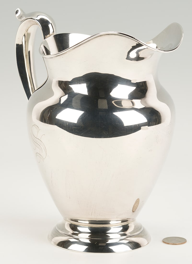 Gorham "Old French" Sterling Silver Water Pitcher: Gorham "Old French" pattern sterling silver pitcher, monogrammed S. Underside with Gorham hallmarks and also marked "#182, sterling, and 4 1/2 pints" on the base. 8 3/4 in. H.