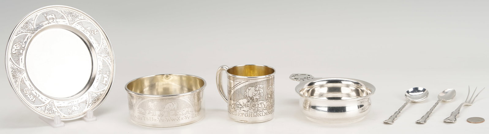 7 pcs Sterling Silver including Children's Dishes: A group of mostly Children's Silver including a 3-piece sterling mug, bowl, and plate set with etched animal and alphabet motif and "sanitary soldered edges" by R. Blackinton &