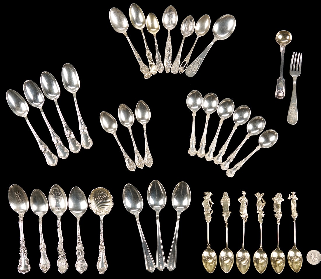 35 Pcs. Assorted Sterling Silver Flatware: Thirty-five (35) assembled sterling silver flatware pieces, including: 6 Gorham spoons with figural handles and gilt wash; 4 Gorham teaspoons, 3 Watson Martha Washington pattern teaspoons,