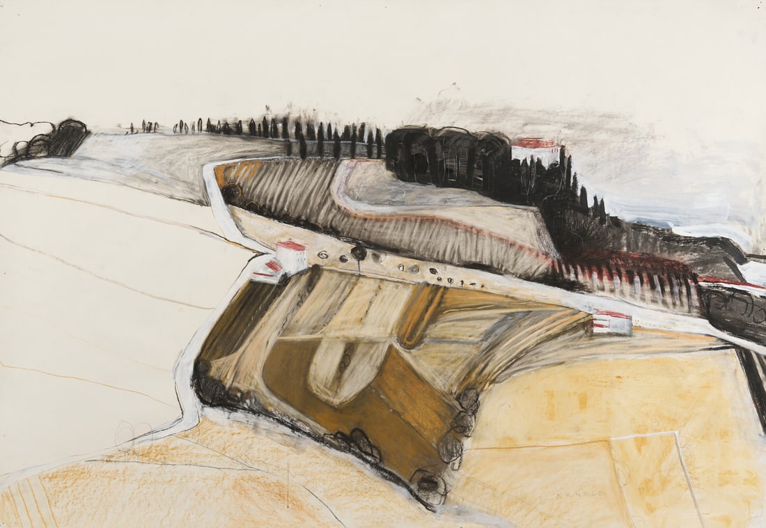 Jean Arnold Mixed Media Watercolor, View from Montecastello #30: Jean Arnold (American/Utah, 20th/21st century) mixed media watercolor, gouache, pastel, and graphite painting on paper titled "View from Montecastello #30." Depicts an arial view of