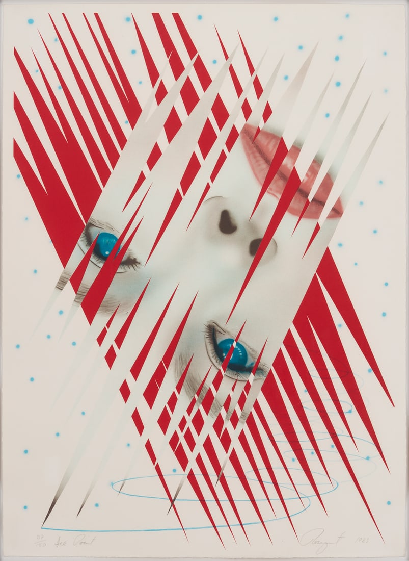 James Rosenquist 1984 Winter Olympics Lithograph, Ice Point: James Rosenquist (American, 1933-2017), color lithograph, "Ice Point." The upside-down face of a woman peers through jagged shapes set against a starry background. The tracks of ice skates