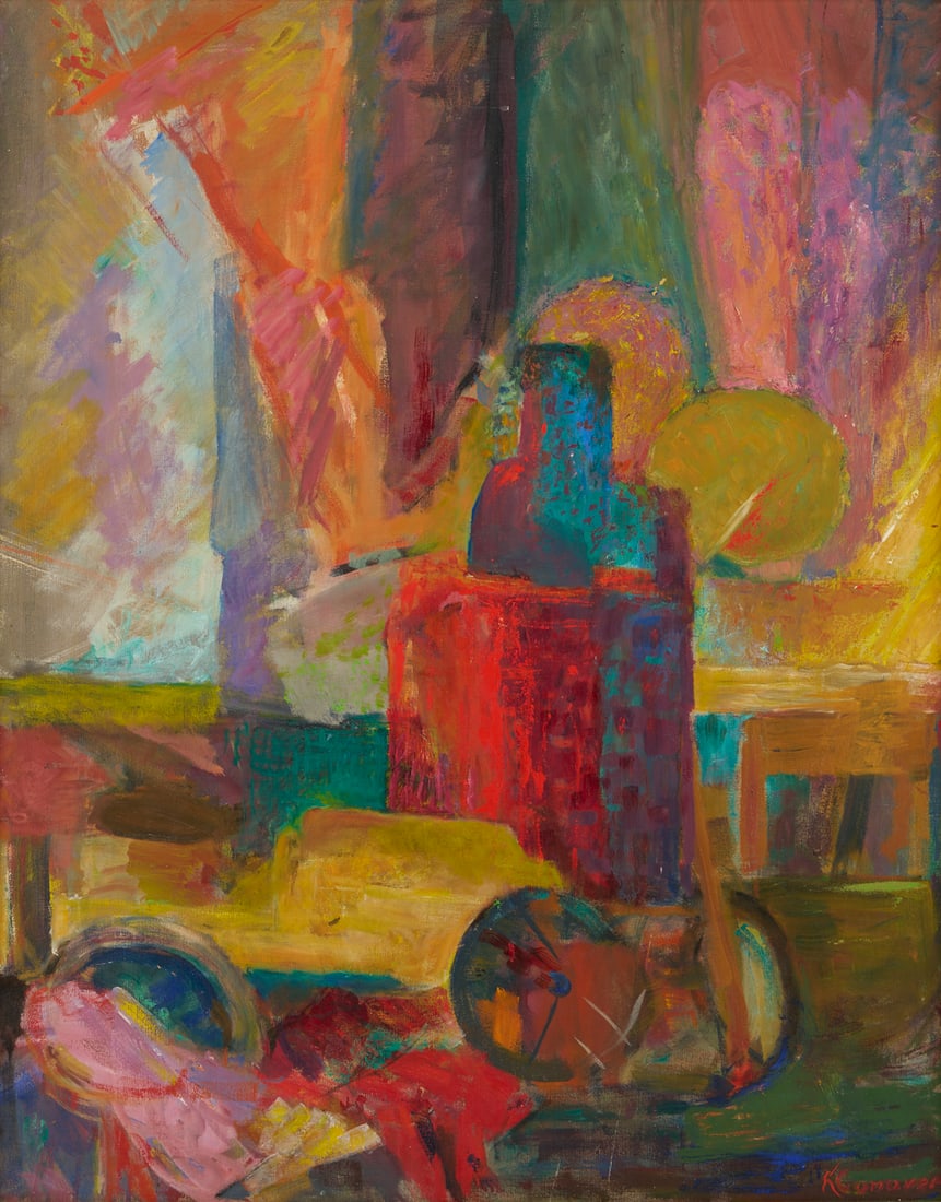 Katherine Conover Large Modernist Oil Painting: Katherine Conover (Michigan/California, 1876-1970) oil on canvas expressionist painting featuring a variety of forms suggestive of a still life, rendered in vivid colors. Signed lower right. Broad,