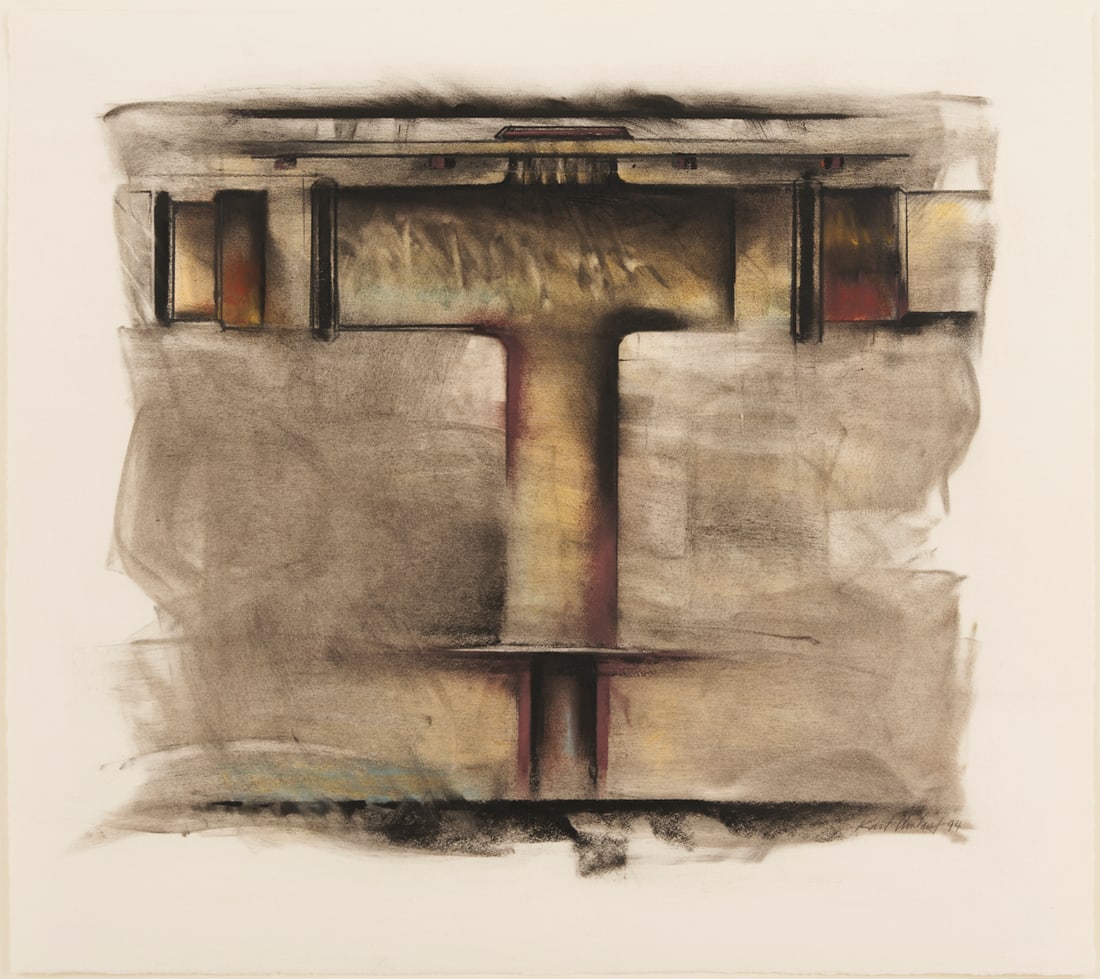 Karl Umlauf Charcoal and Pastel on Paper, Crucible III: Karl Umlauf (Texas/American, 1939-2025) charcoal and pastel on paper painting, titled "Crucible III" and depicting a still life of a T-shaped industrial or foundry form. Penc