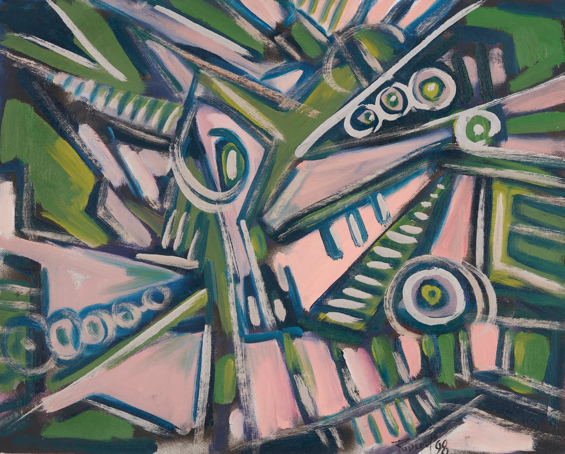 Greg Ridley O/C Abstract Painting, AKA Splash: Gregory D. Ridley, Jr. (Tennessee, 1925-2004) oil on canvasboard geometric abstraction painting, "AKA Splash." Totemic forms rendered predominantly in green and pink fill the compo