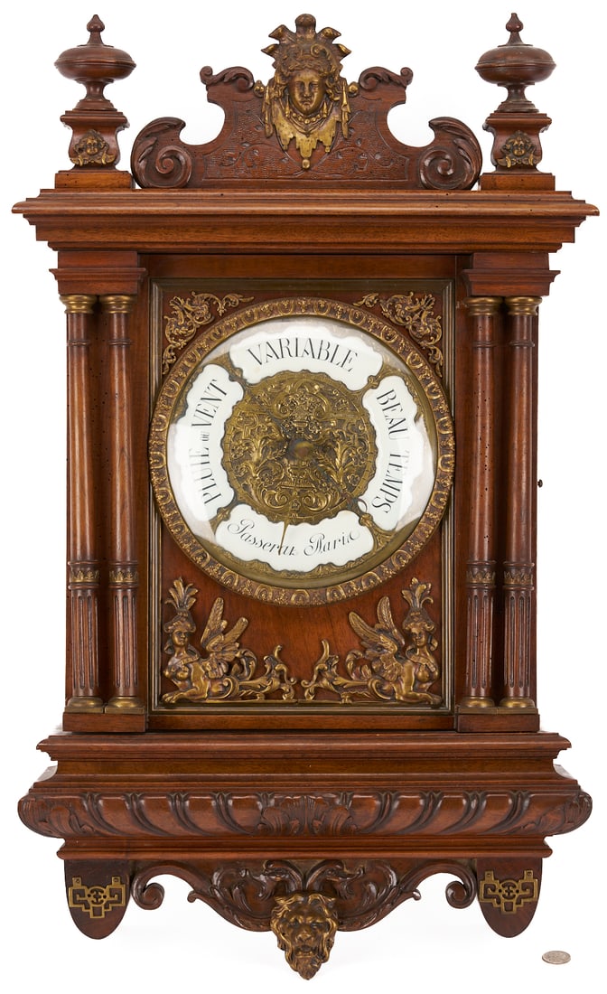 French Enameled Wall Barometer: French wall-mounted barometer in wooden case with white enamel dial featuring maker name Passerat AParis and 3 indicators: Variable, Beau Temps, and Pluie ou Vent. Gilt bronze (ormolou) mask, lion, ch