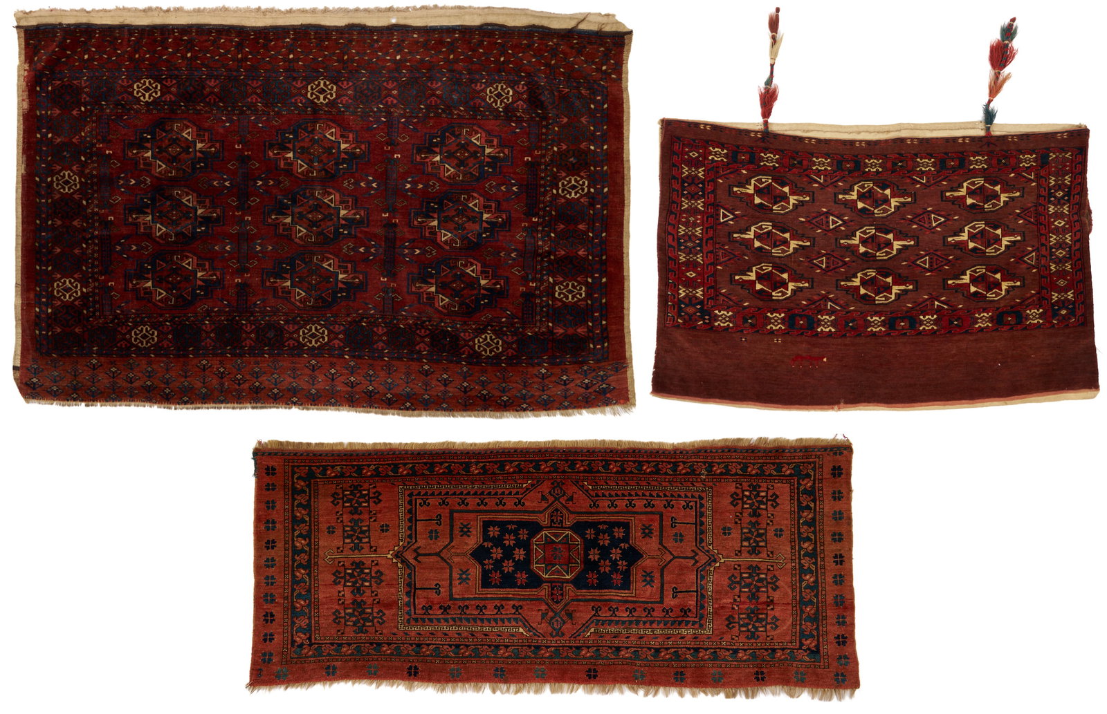 3 Antique Turkmen Weavings, Yomud Torba, Arabatchi Chuval & Ersari Torba: 1st item: Antique Turkmen Yomud (full bag) Torba having a central panel featuring three rows of three guls within a wide foliate border. Woven in colors of red, blue, and cream. 3 ft. 10 in. x 2 