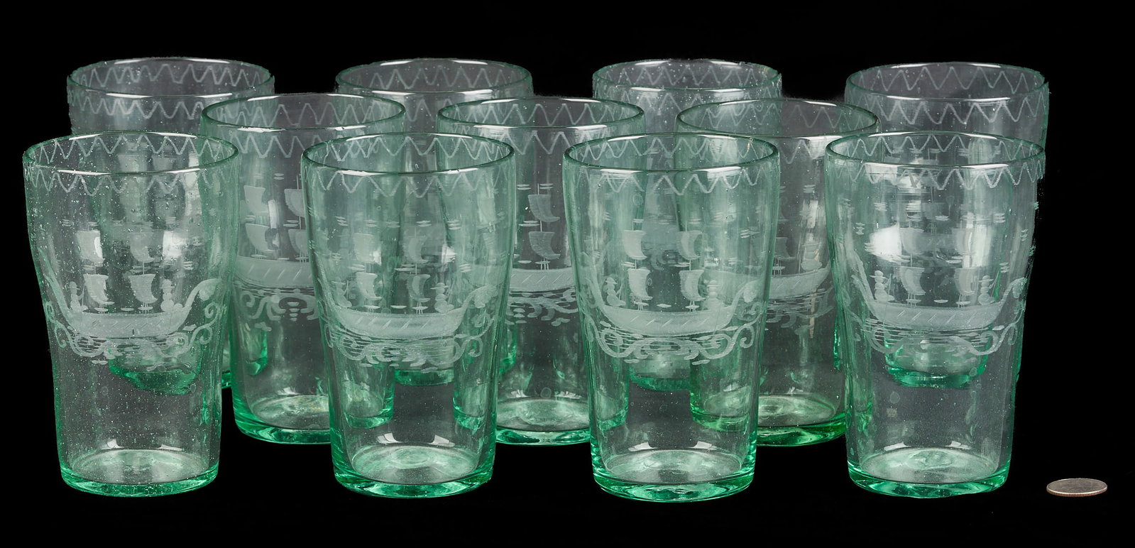 11 Steigel Type Flip Glass Tumblers w/ Etched Ship Decoration (1 of 10)