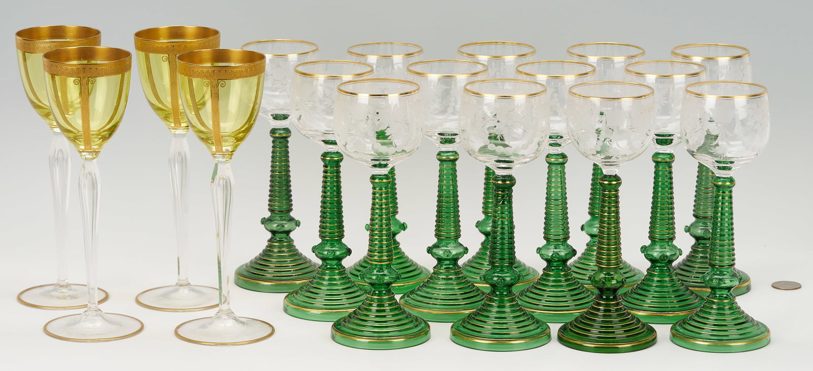 13 German Gilt Green Roemers & 4 Moser Style Wine Glasses (1 of 8)