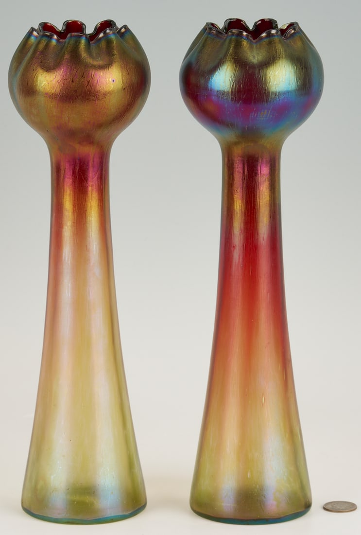 Pair Rindskopf Pepita Art Nouveau Glass Vases: A pair of tall Art Nouveau iridescent glass Pepita vases, attributed to Rindskopf, each measuring 13 5/8 in. H. Early 20th century. Additional high-resolution photos are available at caseantique