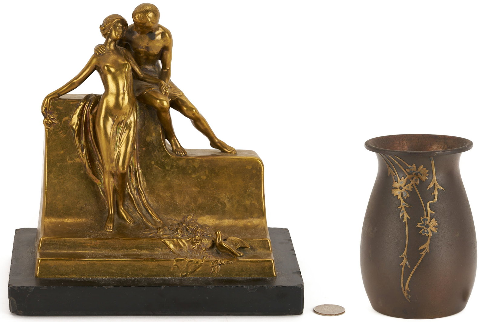 Art Nouveau Bronze Sculpture & Heintz MIxed Metal Vase: 1st item: Art Nouveau gilt bronze sculpture, depicting a man seated on a wall embracing and holding the hand of a standing woman, with roses and a dove at her feet. Mounted to a black stone 