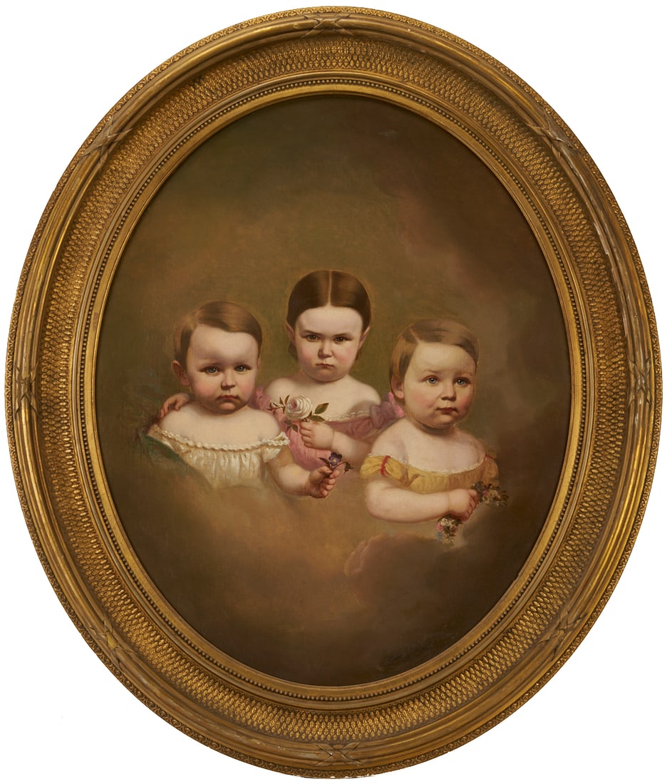 Mid 19th C. Oil Portrait of 3 Children, Illegibly Signed (1 of 13)