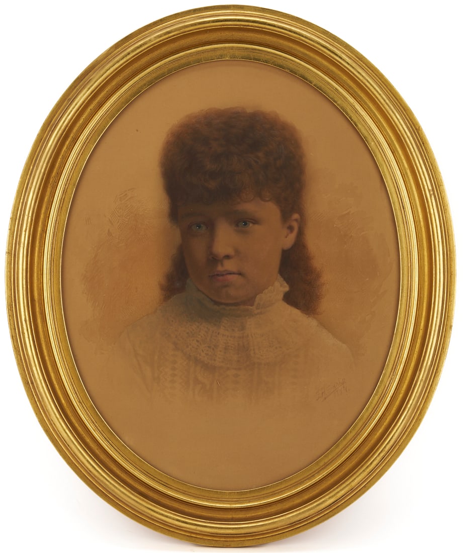 Joseph Henry Sharp Watercolor Portrait of a Child, 1884: Joseph Henry Sharp (American, 1859-1953) watercolor on paper laid to canvas bust length portrait of a little girl with curly brown hair and blue eyes, in white lace dress. Signed lower right &quo