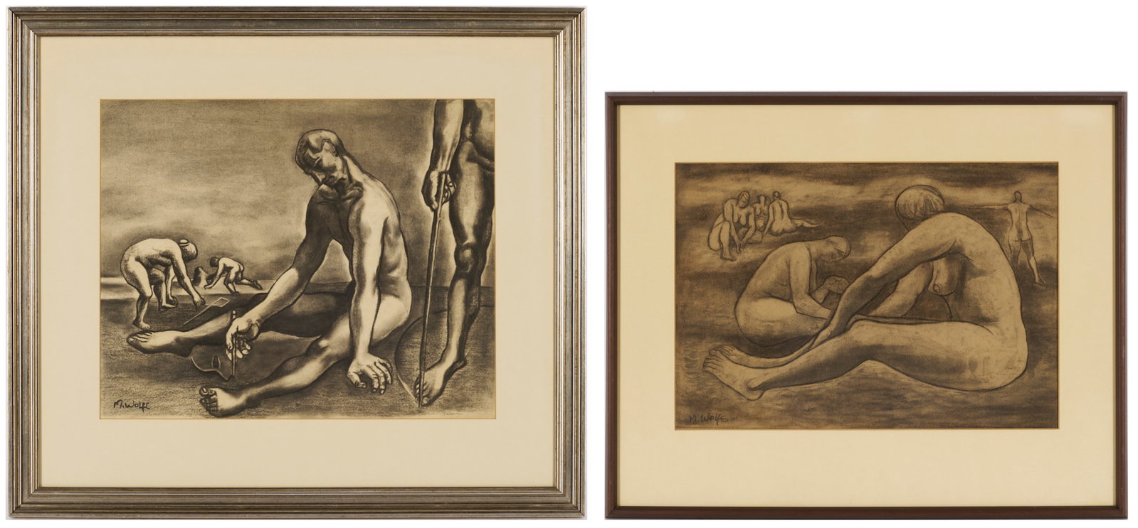 2 Meyer Wolfe Charcoal Drawings, Nudes in the Sand: Two (2) Meyer R. Wolfe (Tennessee/New York, 1897-1985) charcoal drawings on paper. Item 1: Drawing with four nude figures, including men and women, who draw or sculpt in the sand. Signed lower ri