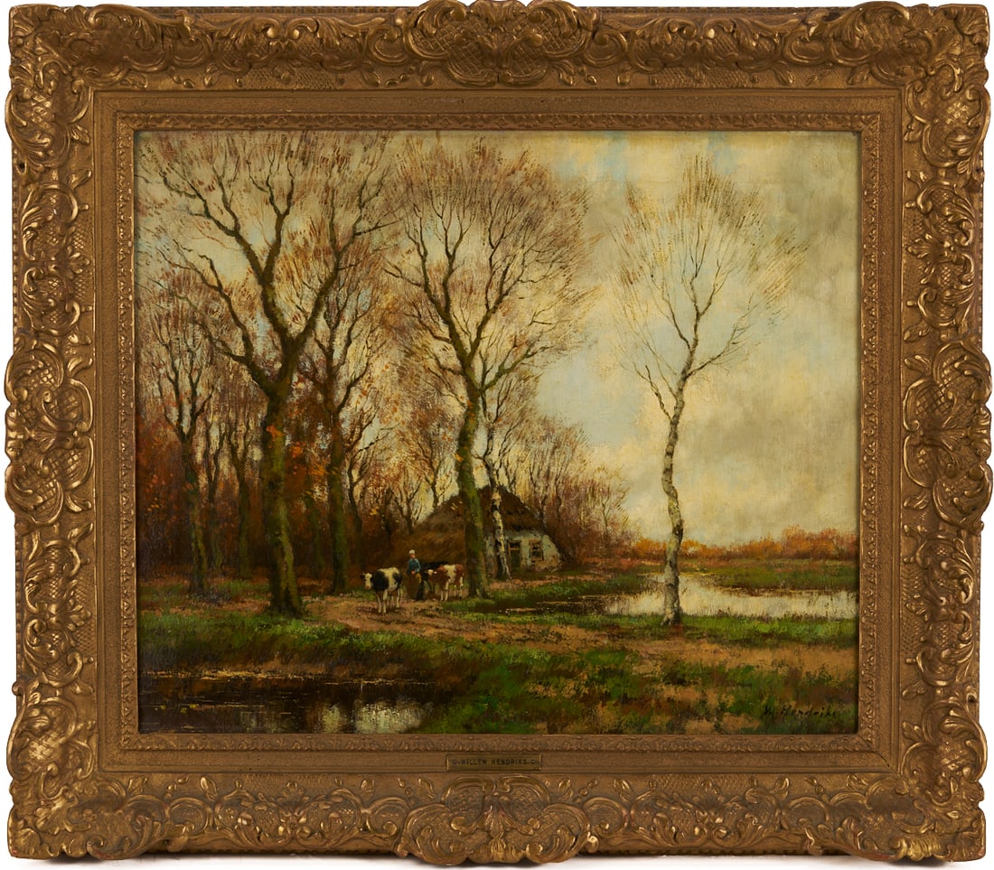 Willem Hendriks Jr. O/C Fall Landscape Painting w/ Cattle: Willem Hendriks, Jr. (Dutch, 1888-1966) oil on canvas Autumn landscape painting with a figure who leads two cows away from a small cottage. Trees with sparse fall foliage stand to either sid