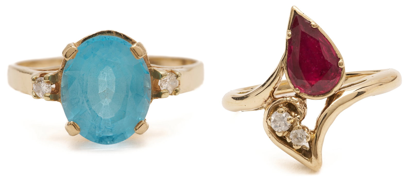 14K Yellow Gold Topaz & Diamond 3-Stone Ring: 1st item: 14K yellow gold three-stone ring XRF tested 14K featuring one (1) oval blue topaz measuring approximately 11 x 9mm, accented with diamonds. The ring is size 8 and has a gross weight of 3.91 