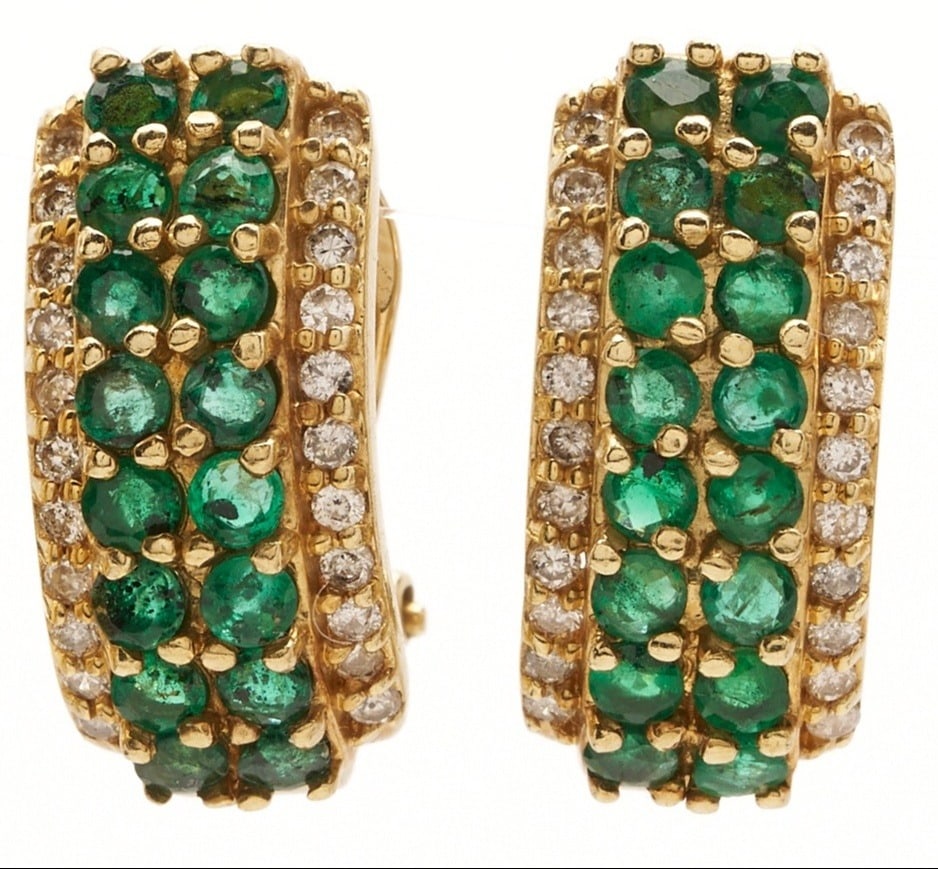 Pair of 14K Gold, Emerald & Diamond Earrings (1 of 6)