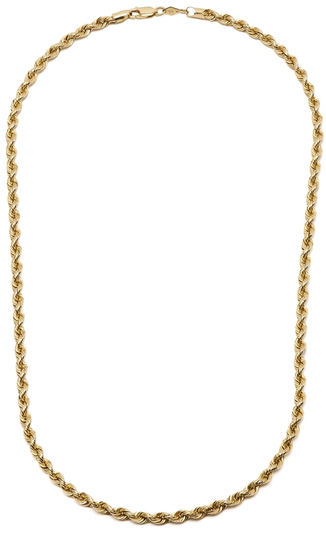 14K Yellow Gold Twisted Rope Chain: Large 14K yellow gold twisted rope chain with a lobster clasp. Marked 14K and BBB. XRF tests 14K. 22 in. L. 9.21 grams. Additional high-resolution photos are available at caseantiques.com