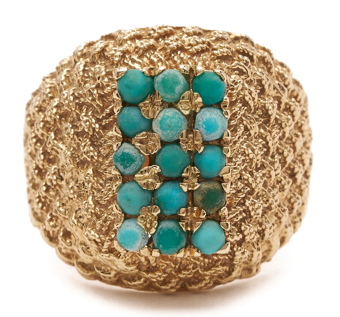 14K Turquoise Textured Dome Ring: 14K yellow gold textured dome ring, stamped “14K” and “PWC,” featuring a sculptural domed design set with fifteen (15) round turquoise cabochons measuring approximately 2 mm