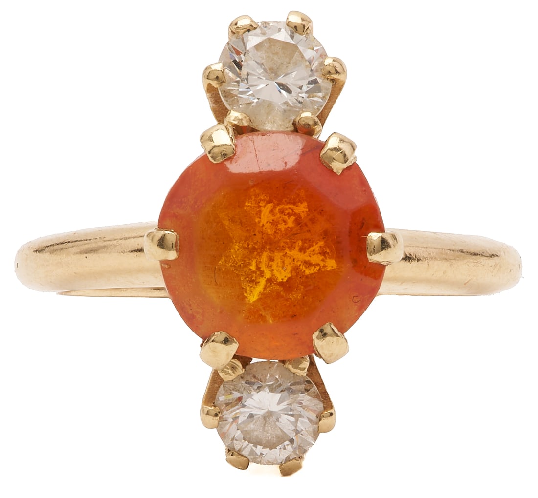 14K Gold Ring w/ Orange Spessartite Garnet & Accent Diamonds: Ladies' 14K gold ring featuring an orange spessartite garnet weighing 1.85 carats, accented by 2 round-cut diamonds, SI2 J color grading, 0.5 ctw total. The ring XRF tests as 14K. Size 4 1/4.