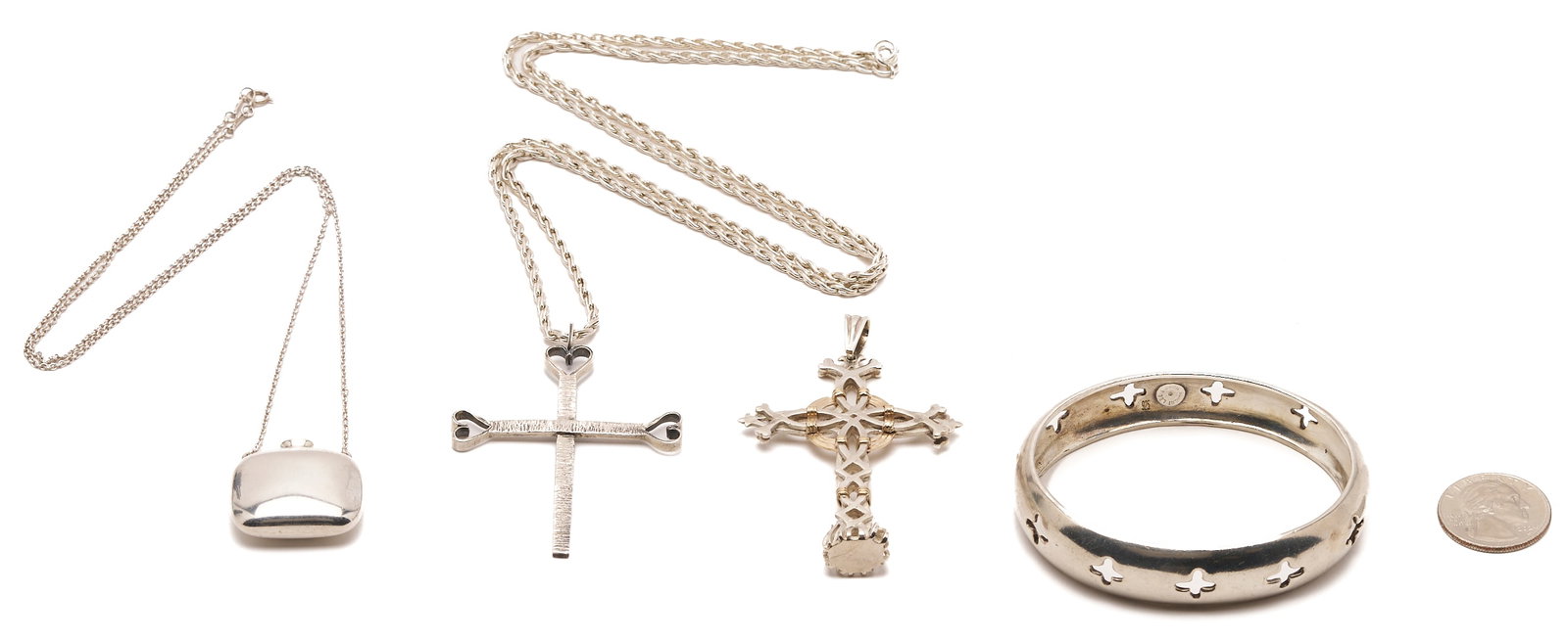 4 Sterling Silver Jewelry Items, incl. Tiffany: Four (4) designer sterling silver jewelry items including: an Elsa Peretti for Tiffany vessel pendant and chain, marked "Tiffany & Co./Elsa Peretti/.925/Spain." 12 1/2