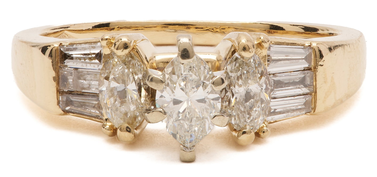 14K Gold & Marquise Diamond Ring w/ "ISP" Mark: Ladies’ 14K yellow gold and diamond ring featuring three central marquise-cut diamonds and six channel-set tapered baguettes, totaling approximately 1.05 carats. Center stones: 0.35 carats, H