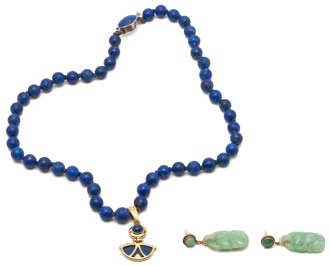 Lapis Beaded Necklace w/ 18K Enhancer; plus Pr. Jadeite Earrings (1 of 11)