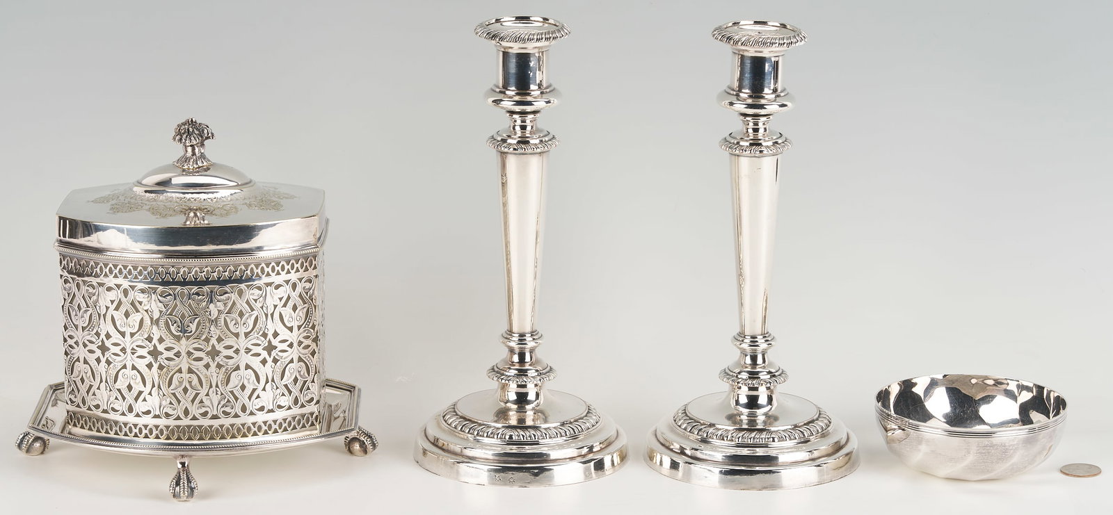 Pr. Matthew Boulton OSP Candlesticks, Biscuit Box, Christofle Bowl: 1st and 2nd items: Pair of two (2) Old Sheffield silver plated Matthew Boulton candlesticks, each with double sun marks and gadrooned edges, 10 3/8 in. H, early to mid 19th century. 3rd item: