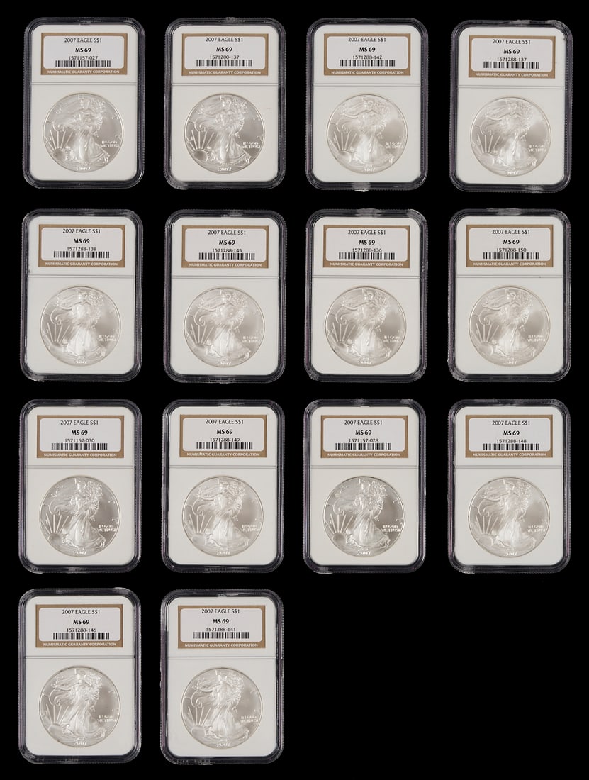 14 2007 US Silver Eagle $1 Coins, MS 69: Fourteen (14) 2007 Silver Eagle $1 coins, all MS 69 and graded by NGC. Additional high-resolution photos are available at caseantiques.com