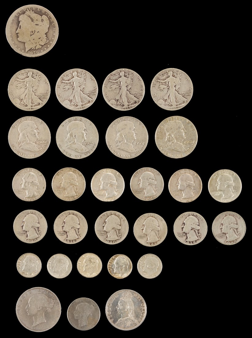 29 Assorted US & British Silver Coins: Collection of twenty-nine (29) silver coins including six 90% silver quarters 1960 - 1964, six US Quarters 1936 - 1945, six US Quarters 1960-1964, four Franklin half-dollars 1954