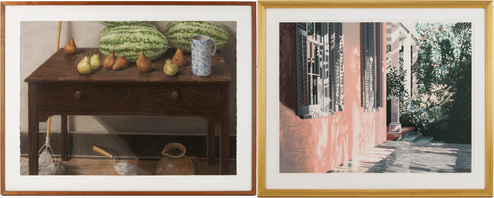 Sheldon Tapley Pastel Still Life w/ Fruit: 1st item: Sheldon Tapley (Kentucky, b. 1959) pastel on paper still life painting depicting a rustic interior scene featuring watermelons and pears together with a sponge-painted pitcher on a country