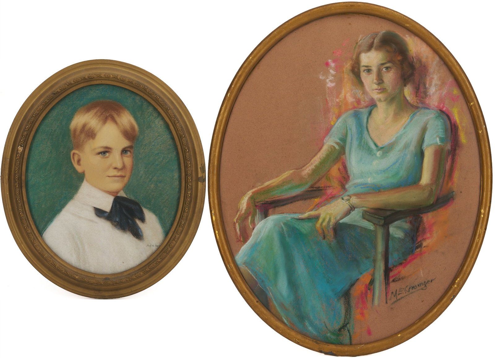 Hugh Poe & Mary E. Grainger Pastel Portraits, Tennessee/Indiana Interest: 1st item: Hugh M. Poe (Tennessee/Indiana, 1902-1972) oval pastel portrait drawing that depicts a young man shown in bust-length. He wears a white shirt with a black cravat and smiles slightly. Signed