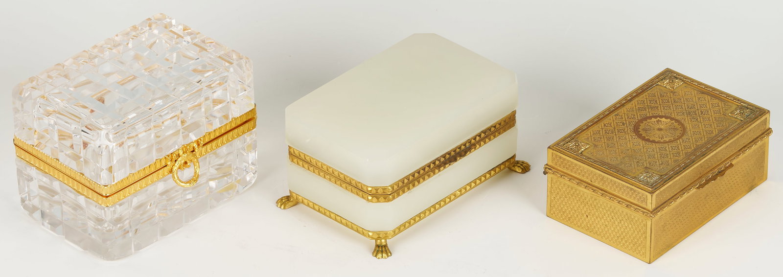 3 French Vanity Boxes: 1st item: Hand-cut lead crystal box with gilt metal closure, style of Benito. Unsigned, with foil stickers marked "Made in France" on the bottom, and "Crystal au Plomb / Taille Ma