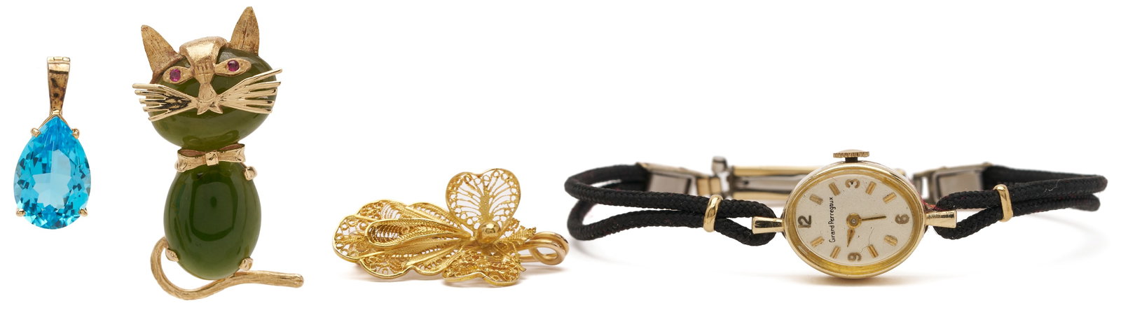 4 Gold Jewelry Pcs. incl. 18k Insect Brooch; Girard Perregaux Watch; Jade Cat; Blue Topaz: 1st item: Vintage 14K yellow gold and nephrite jade brooch in the form of a cat with ruby eyes. Unmarked but tests 14K. 1 1/2 in. H. 2nd item: 14K yellow gold and pear-shaped blue topaz pendant with e