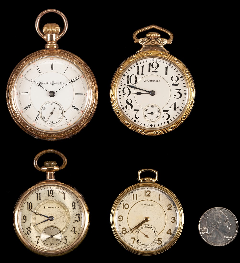 4 Pocket Watches - 2 Studebaker, 1 Hampden, 1 Hamilton (1 of 8)